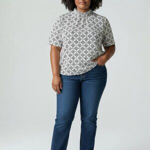 Loft Navy And White Geometric Design Short Sleeve Blouse XL Key Hole Mock Neck